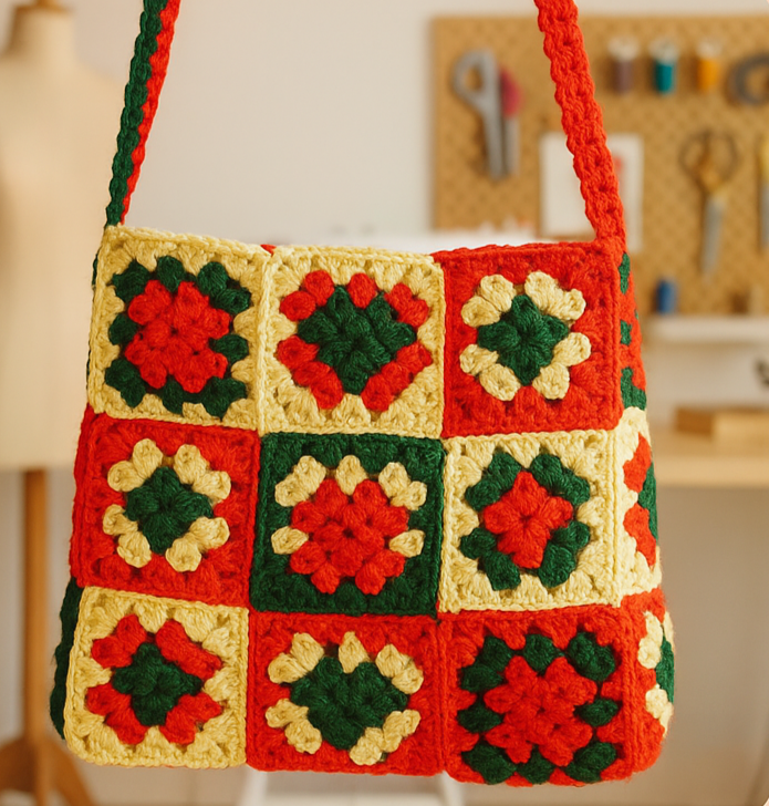 Granny Pop – Χειροποίητη Τσάντα Ώμου από Granny Squares